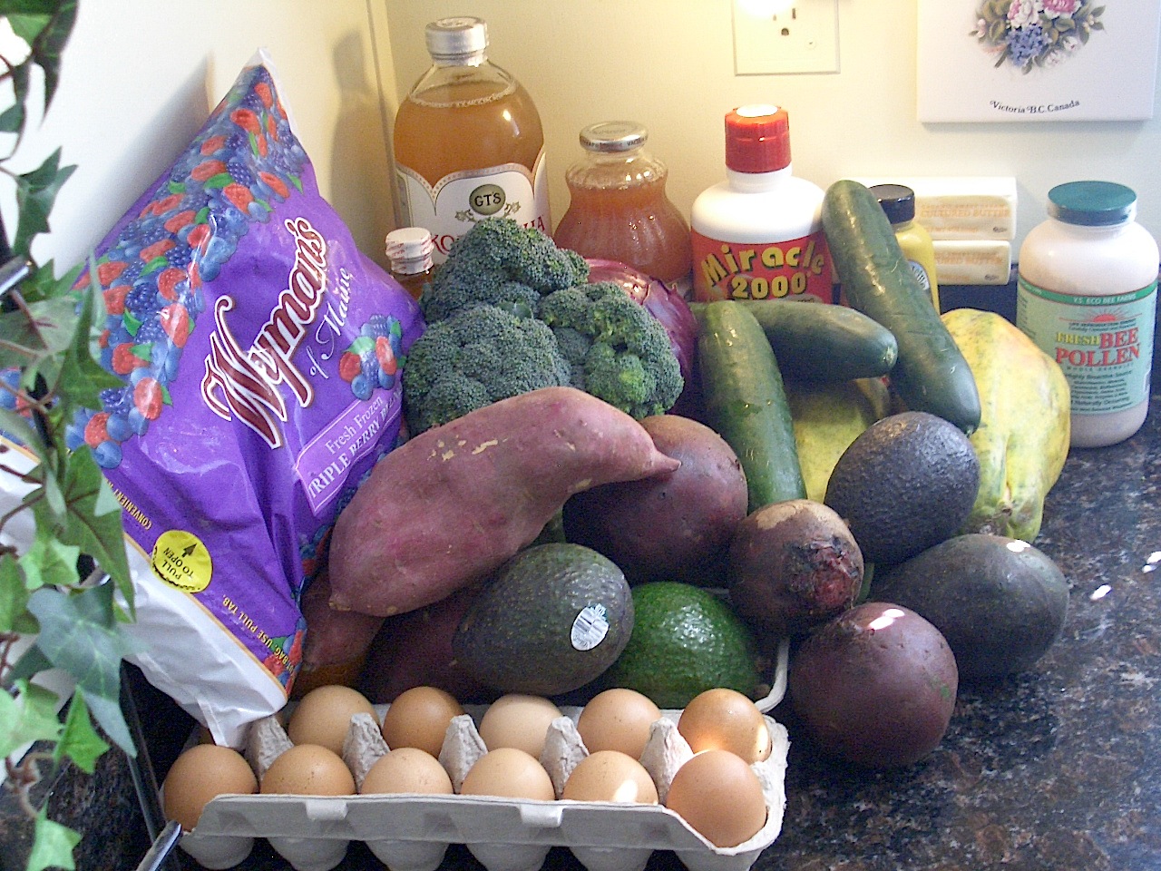 Photo of a Paleo diet - fresh organic pasture-raised eggs, avocados, yam, beets, broccoli, red cabbage, cucumber, papaya, blueberries, blackberries, raspberries, bee pollen, kombucha, and liquid acidophlus and Miracle 2000